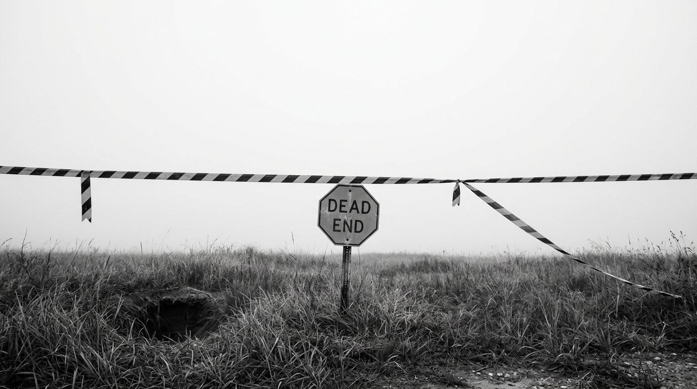 Striped tape across a foggy field with a dead end sign