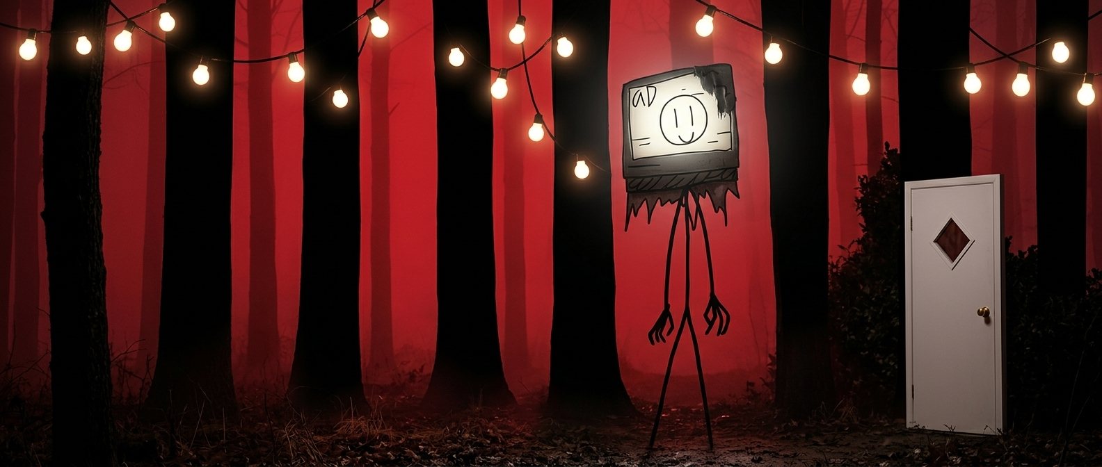 Ad, a tall thin figure with a TV for a head, standing in a red forest hung with string lights